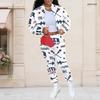 Women Plus Size White Printed Long Sleeve Stand Collar Cropped Varsity Jacket And Long Pants Two Piece Set