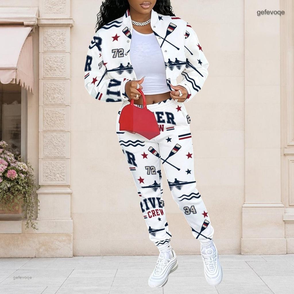 Women Plus Size White Printed Long Sleeve Stand Collar Cropped Varsity Jacket And Long Pants Two Piece Set