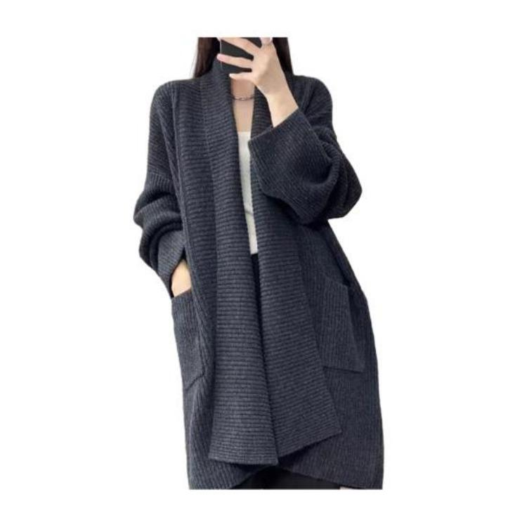 Loose Fit Mid Length Open Front Cardigan Sweater Coat for Women Lapel Long Sleeve Large Pockets Solid Color Outwear