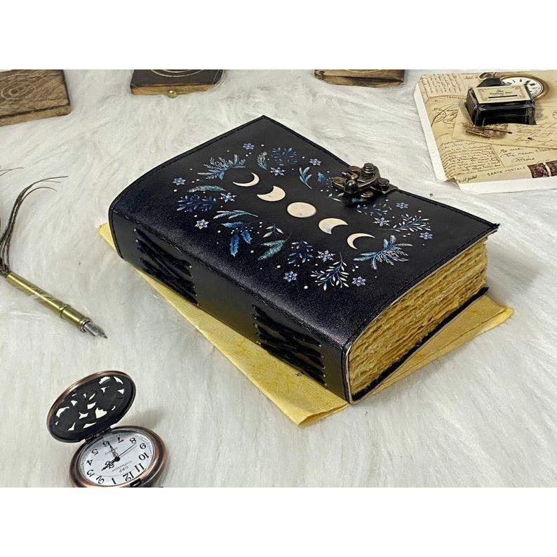 Moon Phases Vintage Leather Journal for Men & Women  of Antique Handmade Deckle Edge Vintage Paper