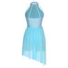 Womens Applique Lyrical Dance Dresses Halter Strappy Back Asymmetrical Hem Shiny Rhinestones Leotard Dress