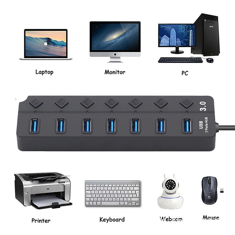 Driver-Free 7-Port USB 3.0 Hub with Individual Switches