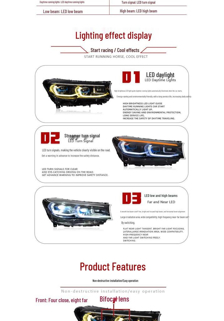 Headlight Assembly for BMW 7 Series G11/G12 (2016-2018) with New LED Daytime Running Lights, No Bumper Modification Required