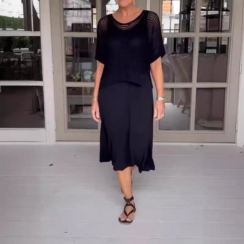 QICED Gravírovaná pletená sukně a šaty: Ležérní jednobarevný pletený svetrový komplet s kulatým výstřihem