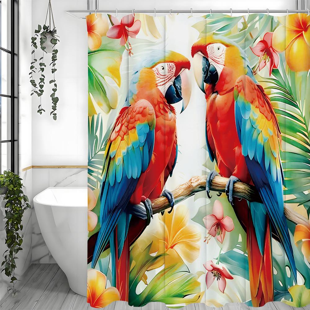 Two parrots are perched on the branch Shower Curtain Washable Dirt-Resistant Shower Head waterproof Polyester Bath Curtain