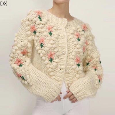 New Hand Crocheted Embroidery Fried Dough Twist Pearl Button Knitted Sweater Cardigan Jacket