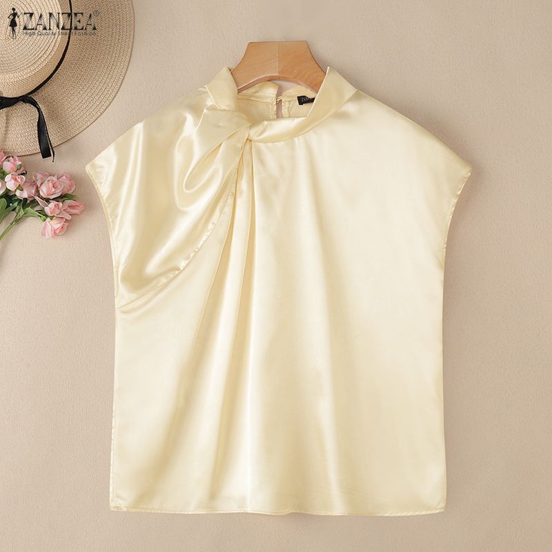 ZANZEA Elegant Women Casual Twisted Neck Sleeveless Satin Smooth Blouse
