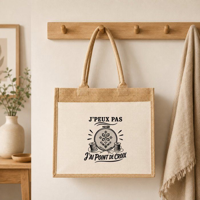 Sac Cabas Jute avec Poche J’peux pas j’ai Point de croix J'peux pas minimaliste | Toile de Jute et Coton 21 L Fond Plat Anses 65 cm