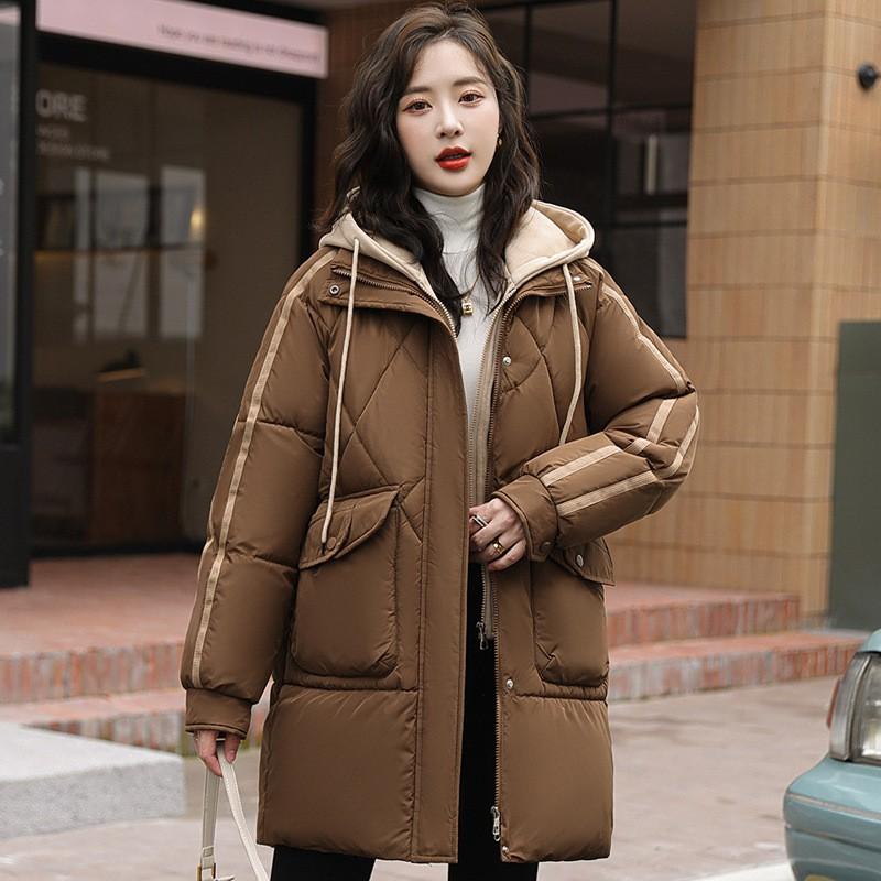 Womens Warm Puffer Coat With Hooded Design Loose Fit Mid-Length Winter Jacket Cotton-Padded Outerwear