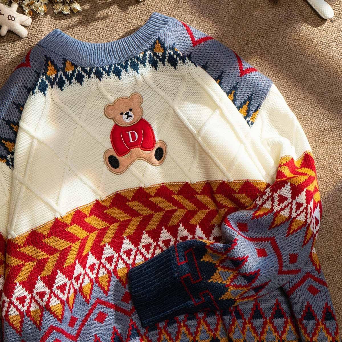 

Милые топы с медведем, мужские вязаные свитера больших размеров, осенний пуловер, свободные Harajuku Kawaii, белые женские свитера для пар L синий