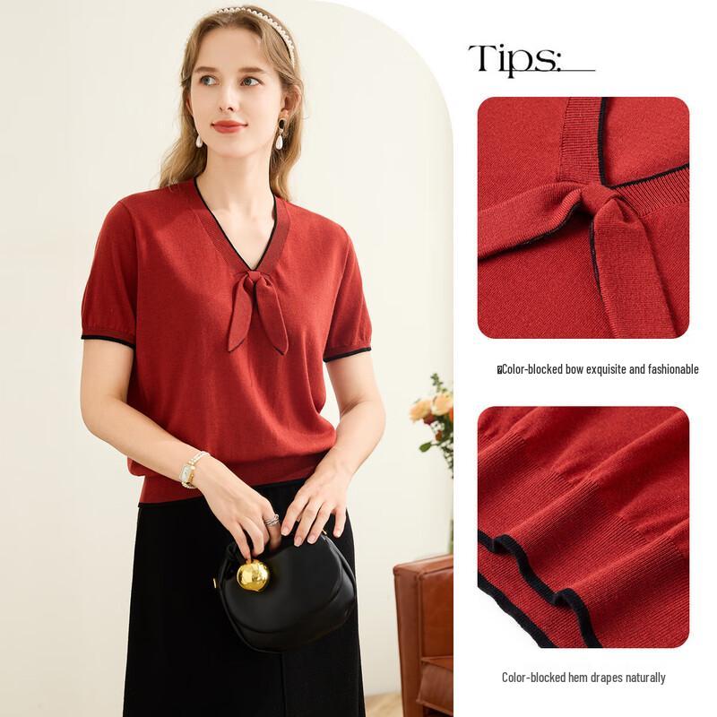 TUHUANG Women's Bowknot Color-Block V-Neck Knit Top