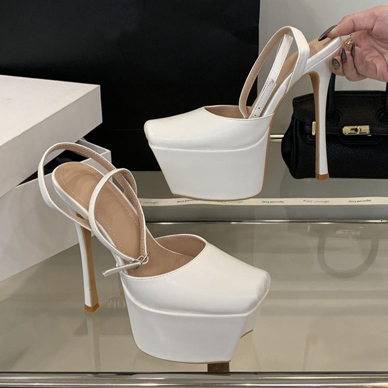 Fashion Liyke New Design Strange Platform Shoes Women Pumps Pleated Leather Square Toe White High Heels Slingback Sandals Stiletto Mujer