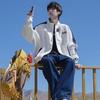 Japanese 2025 New Retro Color Matching Stand-up Collar Boys Jacket Autumn New Loose Shoulder Sleeves Men's Sweater