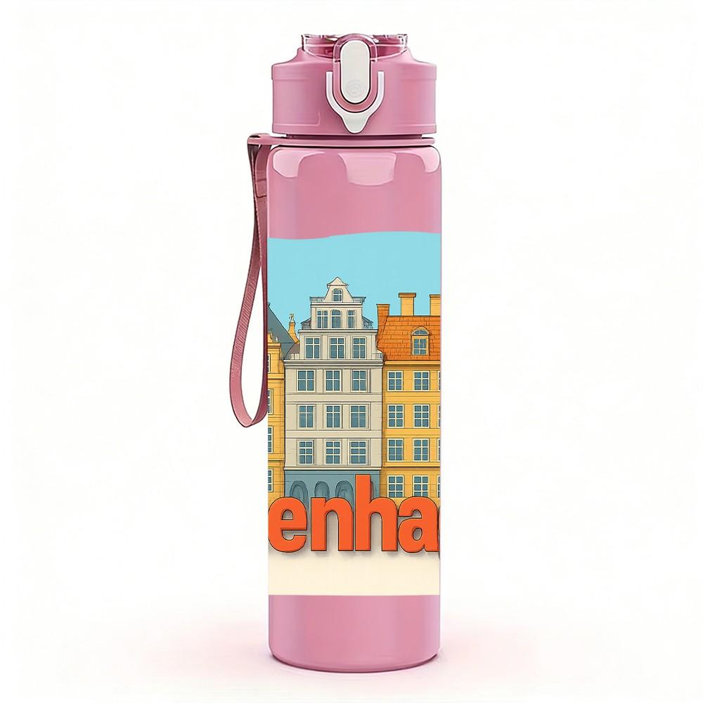 1PC Copenhagen City Building Print 750ml Color Plastic Sports Water Bottle Leakproof Flip Straw Lid Suitable for Sports Office Home Use