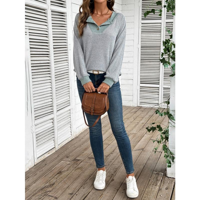 Womens Color Block V Neck Loose Long Sleeve Knit Sweater