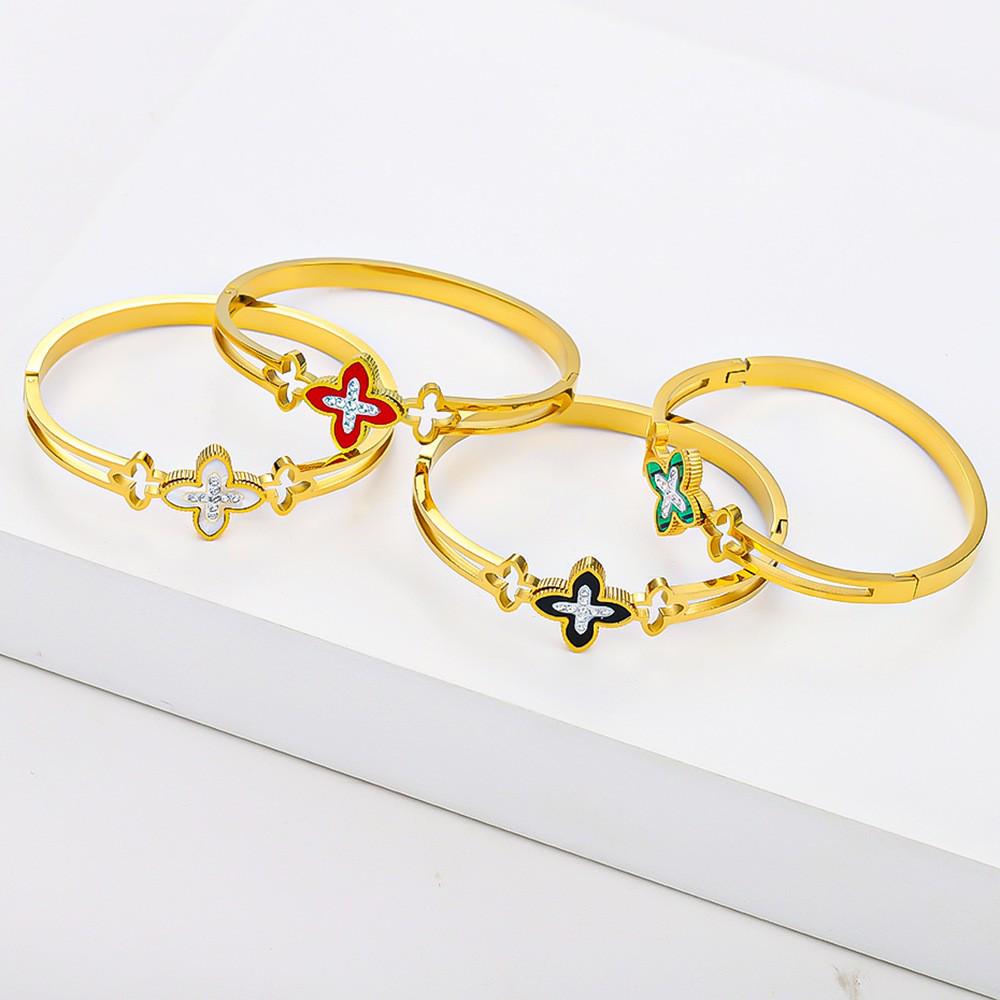 Fashionable Four-Leaf Clover Titanium Steel Women's Open Bracelet - Colorfast & Versatile Design