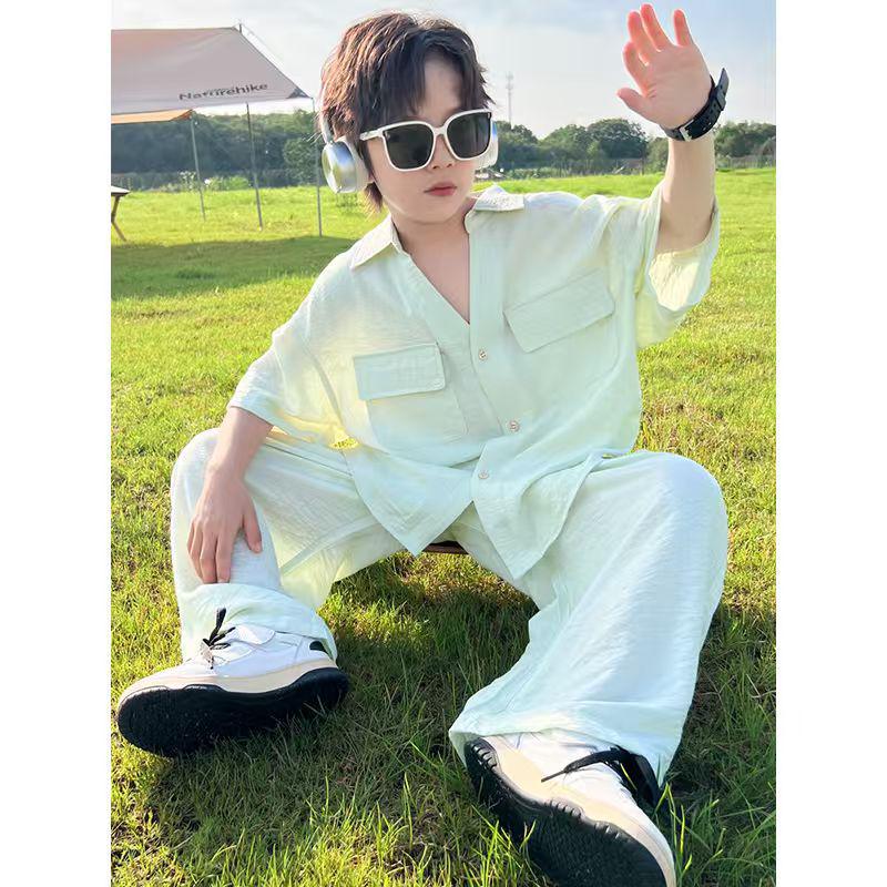 Boys' Summer 2026 Casual Korean Style Two-Piece Set – Short Sleeve & Long Pants