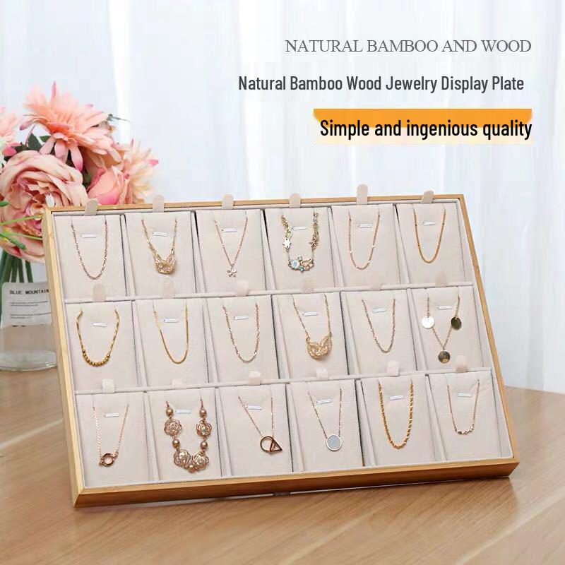 Bamboo Jewelry Display Tray with 18 Grids for Rings, Necklaces, Pendants, and Earrings