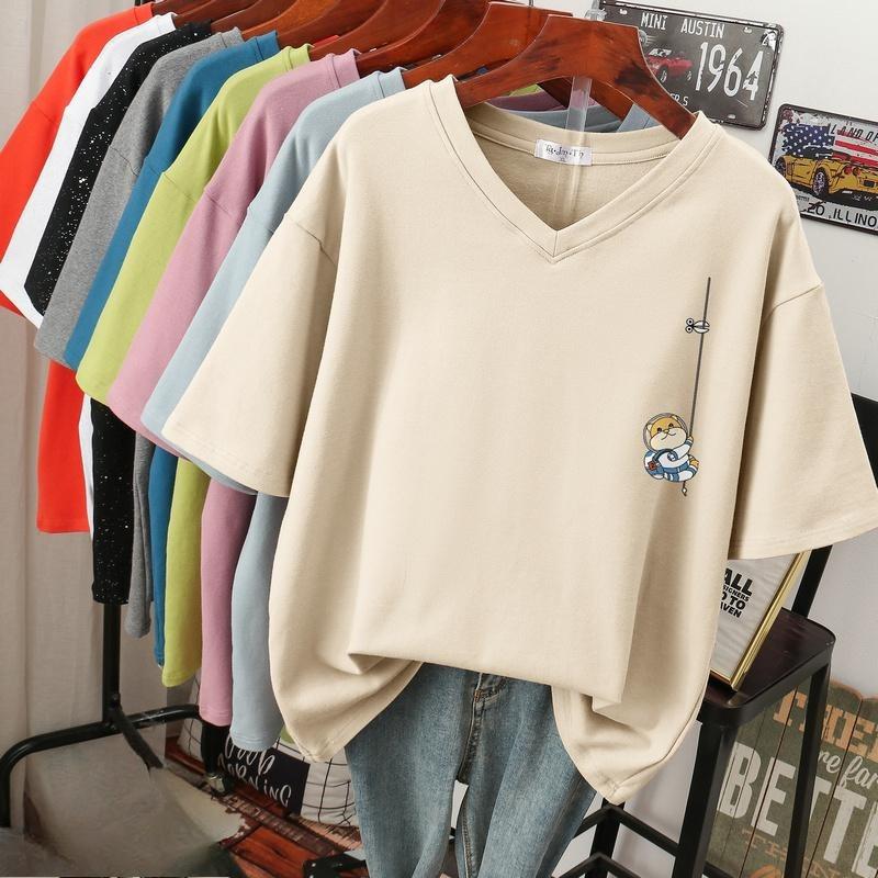 

Женская футболка с коротким рукавом, большого размера, свободная и стройнящая, топ с V-образным вырезом с принтом 2XL абрикосовый