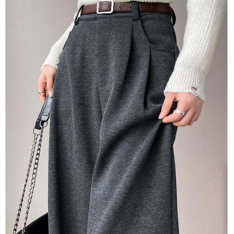 2025 Autumn/Winter High-Waisted Herringbone Wool Blend Wide-Leg Pants