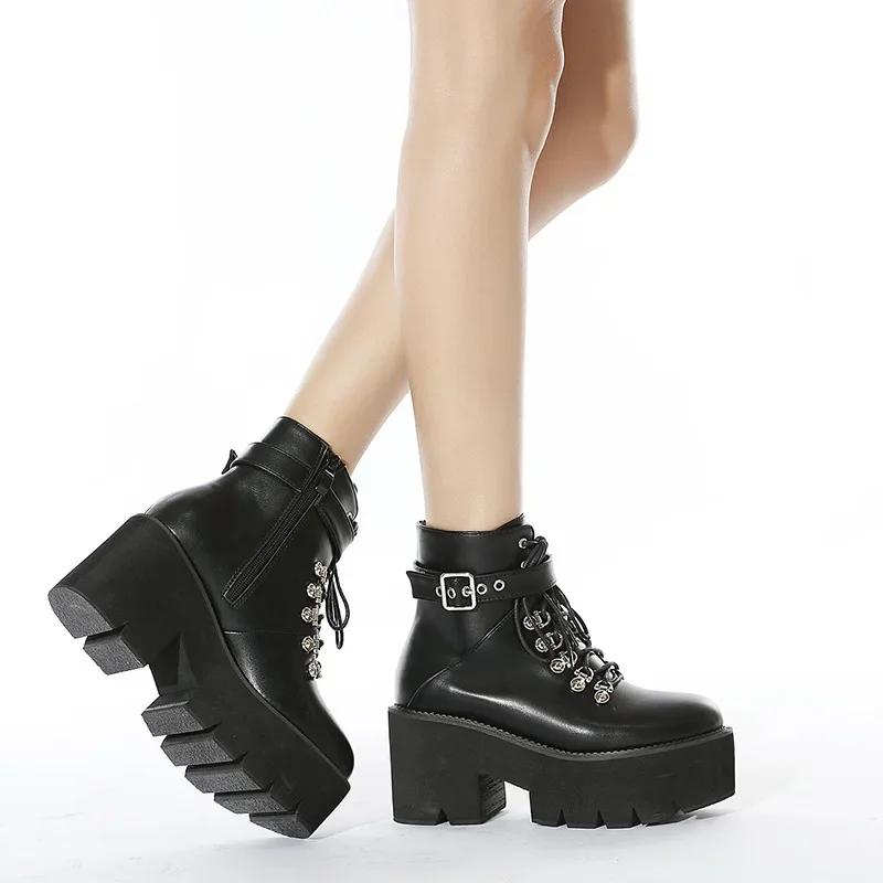 Fashion Platform Chunky Heels Autumn Fashion Cool Gothic Cosplay Boots Women Street Black Ankle Boots Shoes Buckle Strap Size 43