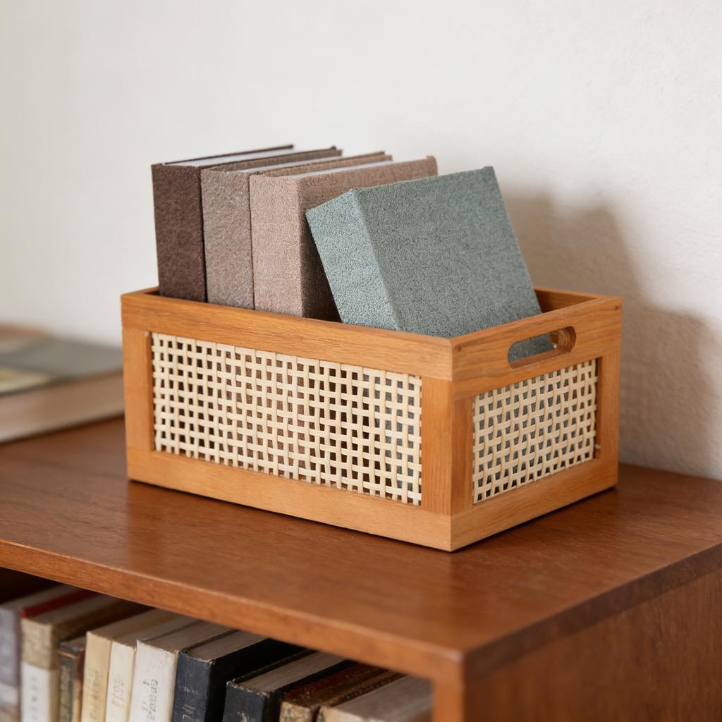 Wooden Woven Storage Basket Handmade Bamboo Desktop Box for Cosmetics Snacks Books Small Items Organizer Decorative