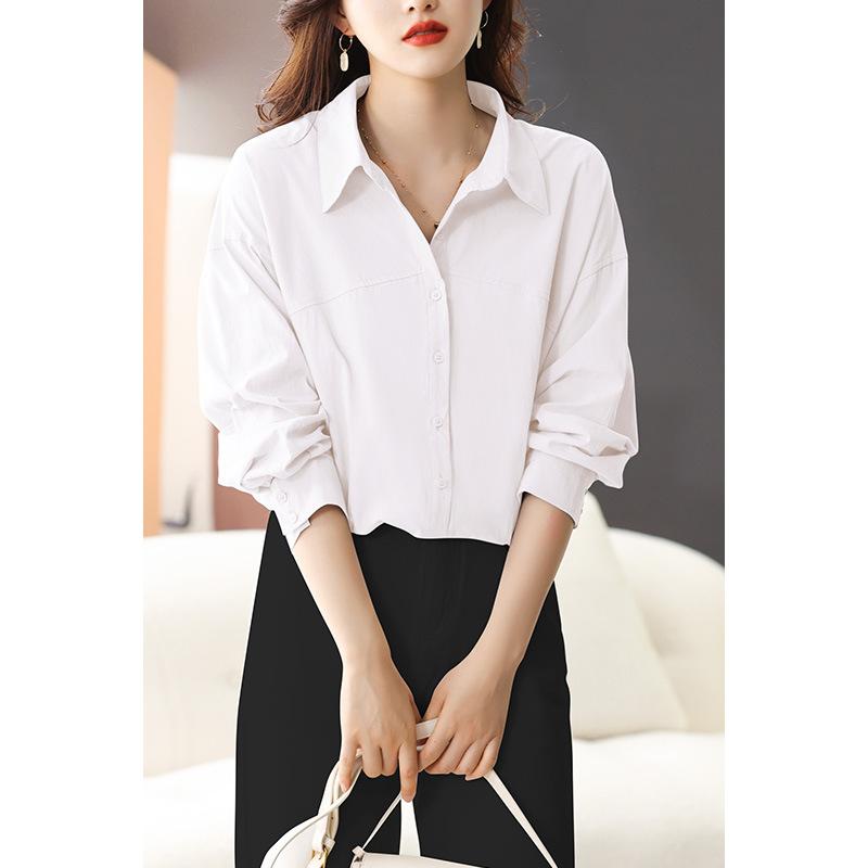 Blue Pure Cotton Blouse for Women Long-sleeved Spring Updated Relaxed Fit Leisure Mid-length Top Versatile Blouse