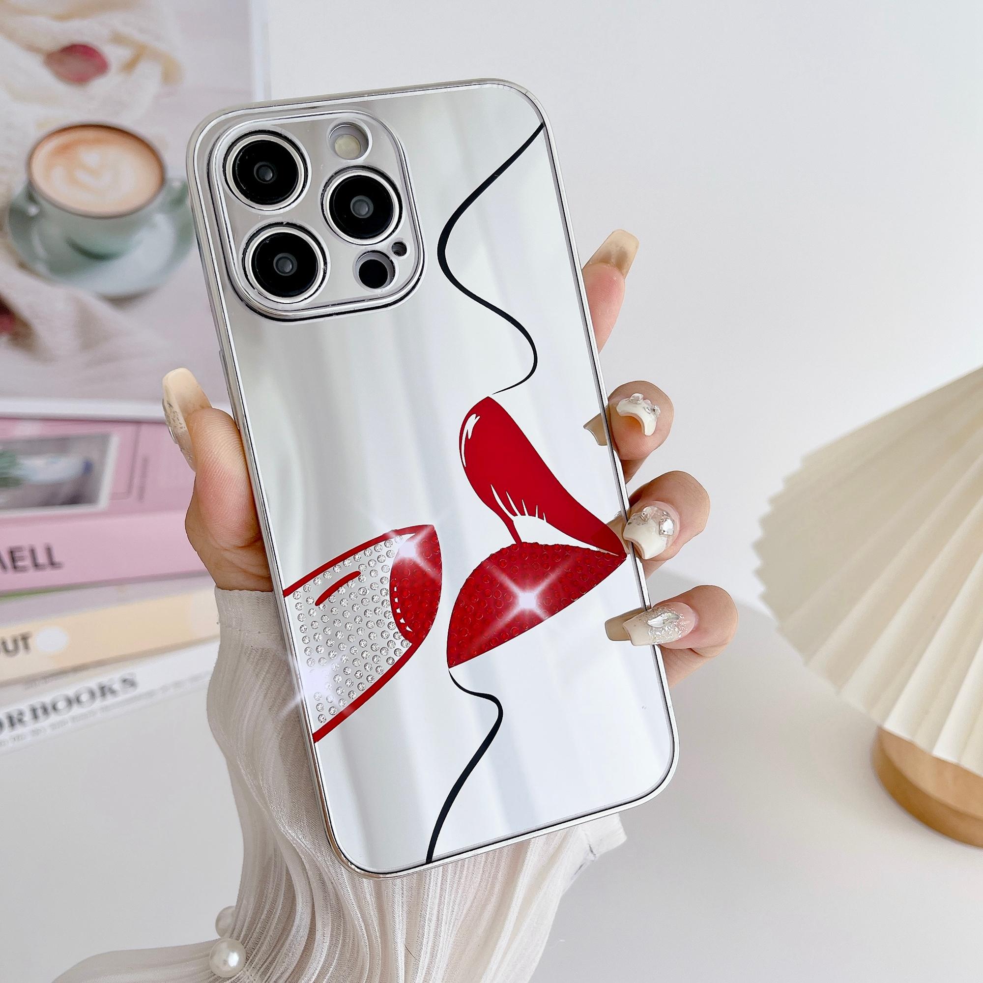 

For iPhone 15 Pro Max Case IMD Silver Finish TPU+PC Rhinestones Decor Phone Cover Strawberry