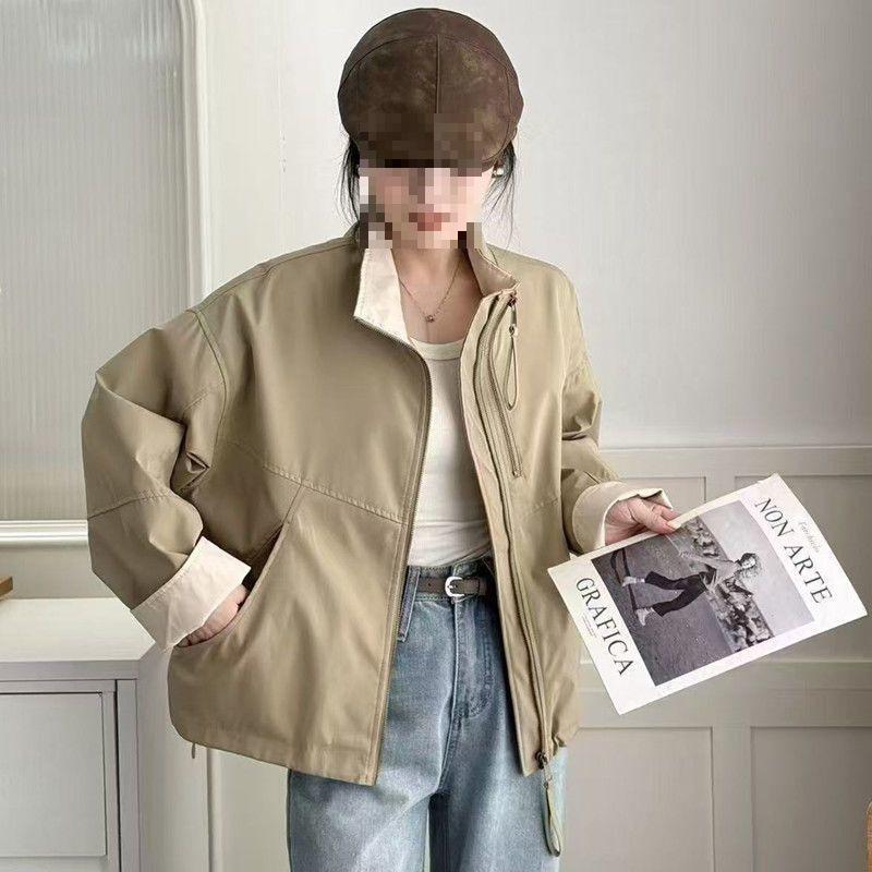 European Style Stand Collar Double Zipper Women's Color Block Jacket - 2025 Spring Casual Loose Fit