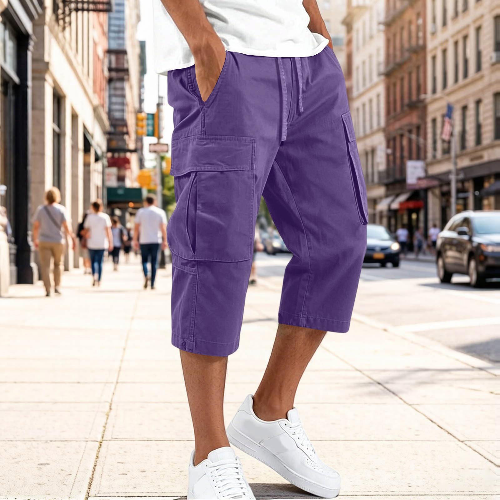 Xingben Six Heren Cargo Werkbroek Trekkoord Taille Meerdere Zakken Casual Capri Broek Driekwart Lengte Duurzaam Stof Ontspannen Pasvorm L paars