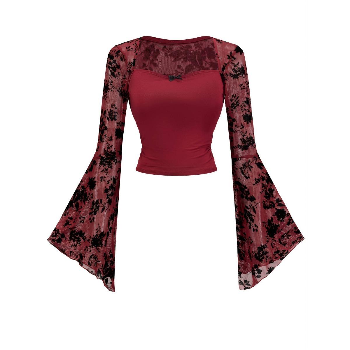 New European American Style Lace Patchwork Sexy Sheer Mesh Long Sleeve Top, Fashion Design Casual T-shirt XS бордовый