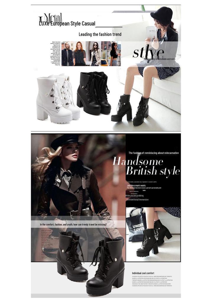 Women's Height-Boosting Martin Boots, Chunky Heel, Lace-Up, Waterproof, Thick-Sole Ankle Boots, Versatile High-Heeled Autumn/Winter Boots