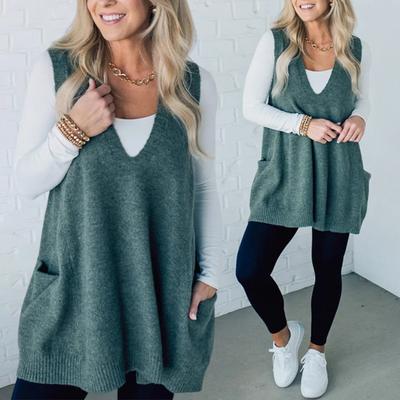 Maglione da donna gilet scollo a V senza maniche tasche lunghezza media maglia top tinta unita autunno inverno casual maglieria