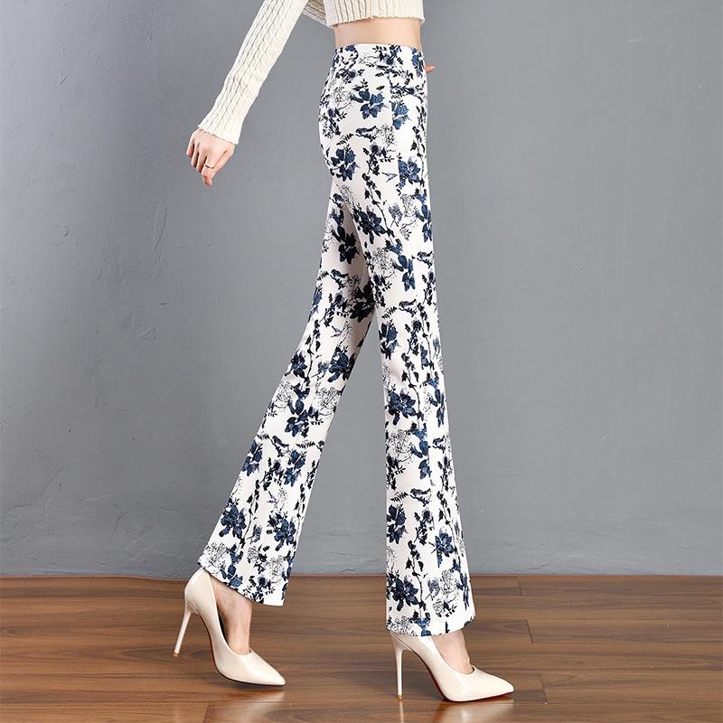 Green Floral Micro-Flare Pants - Autumn/Winter 2024 Body-Shaping Elastic Women's Long Pants