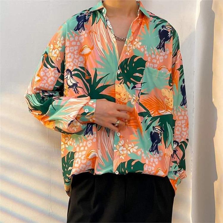Retro Hong Kong Style Men's Floral Shirt Casual All-Match Jacket Japanese Korean Style Trendy Spring Autumn Fashion