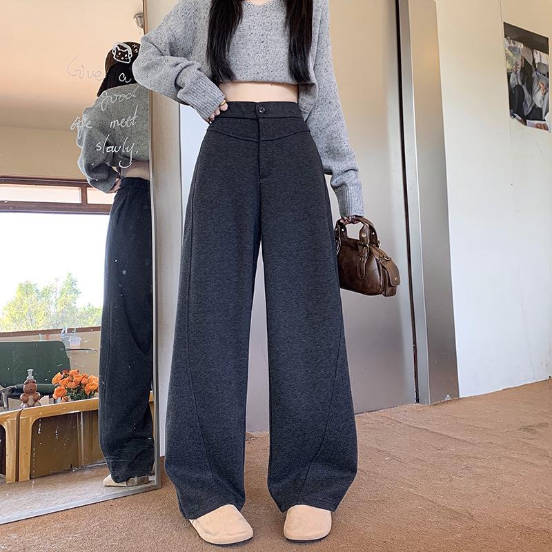 

2025 Autumn/Winter Women s High-Waisted Slim Fit Apricot Suit Pants - Flattering Casual Drapey Straight Leg, Versatile Wide-Leg Small темно-серого