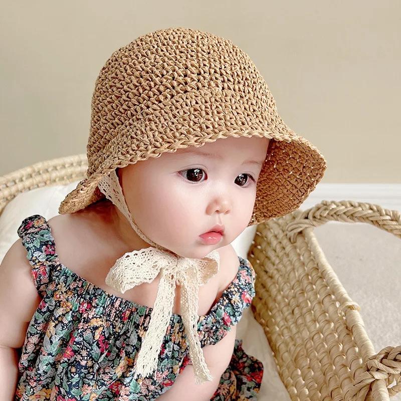 Summer Baby Hat Straw Baby Girl Cap Fashion Lace Bow Beach Children Panama Hat Princess Bonnets for Kids Outdoor Travel Sun Cap
