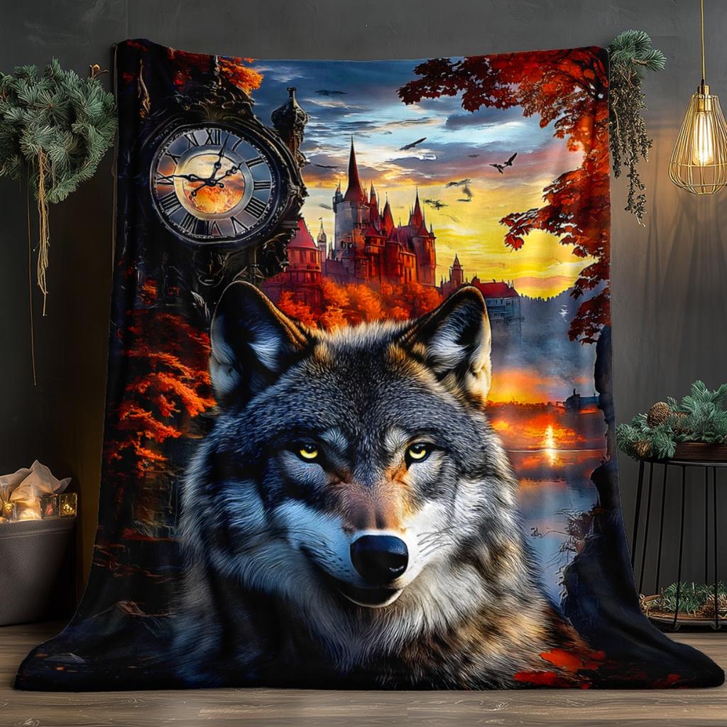 Wolf Castle Sunset Clock Fantasy Landscape Flannel Blanket Gothic Art Throw Blanket Halloween Decor Cozy Bed Cover MythicalTheme