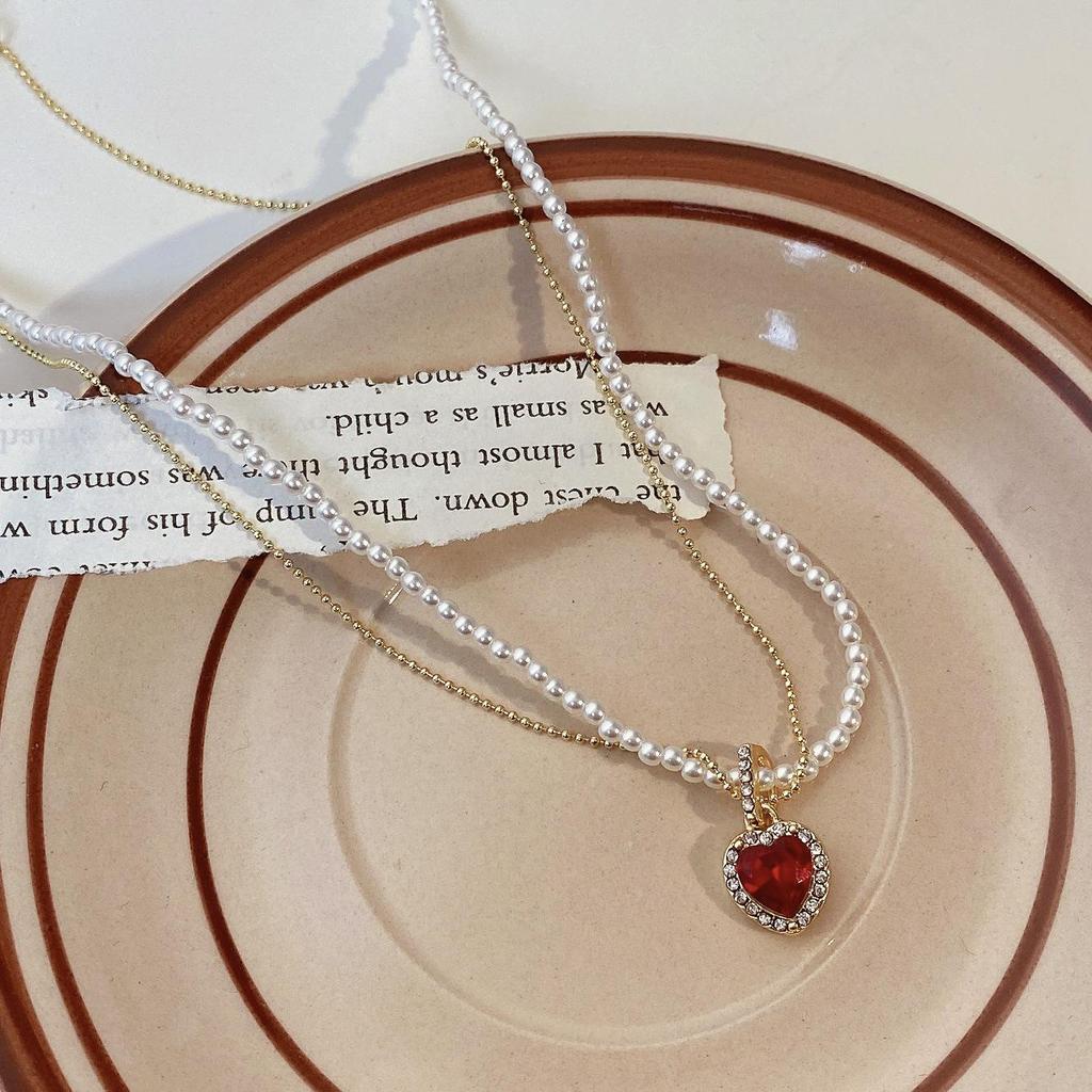 Double-Layer Heart Pearl Necklace - Women's Simple Niche French Choker