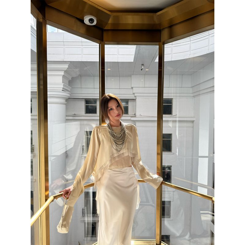 

Yangzifan Original Elegant Thin Transparent Asymmetrical Cut Blouse Coat Patchwork without Locking the Edge with Inner Wear PALE CHAMPAGNE([In Stock]]) M