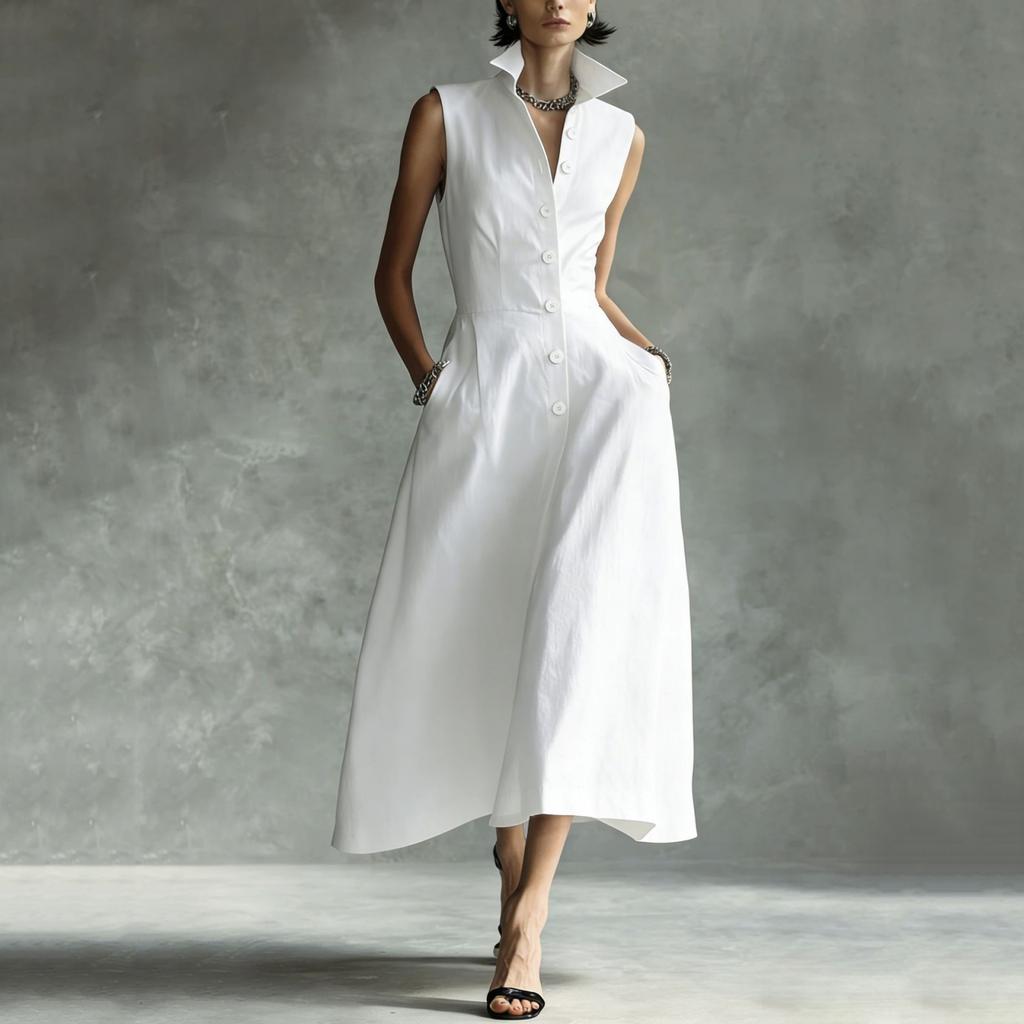 Women's Fashionable Sleeveless Linen Casual Button-Down Dress