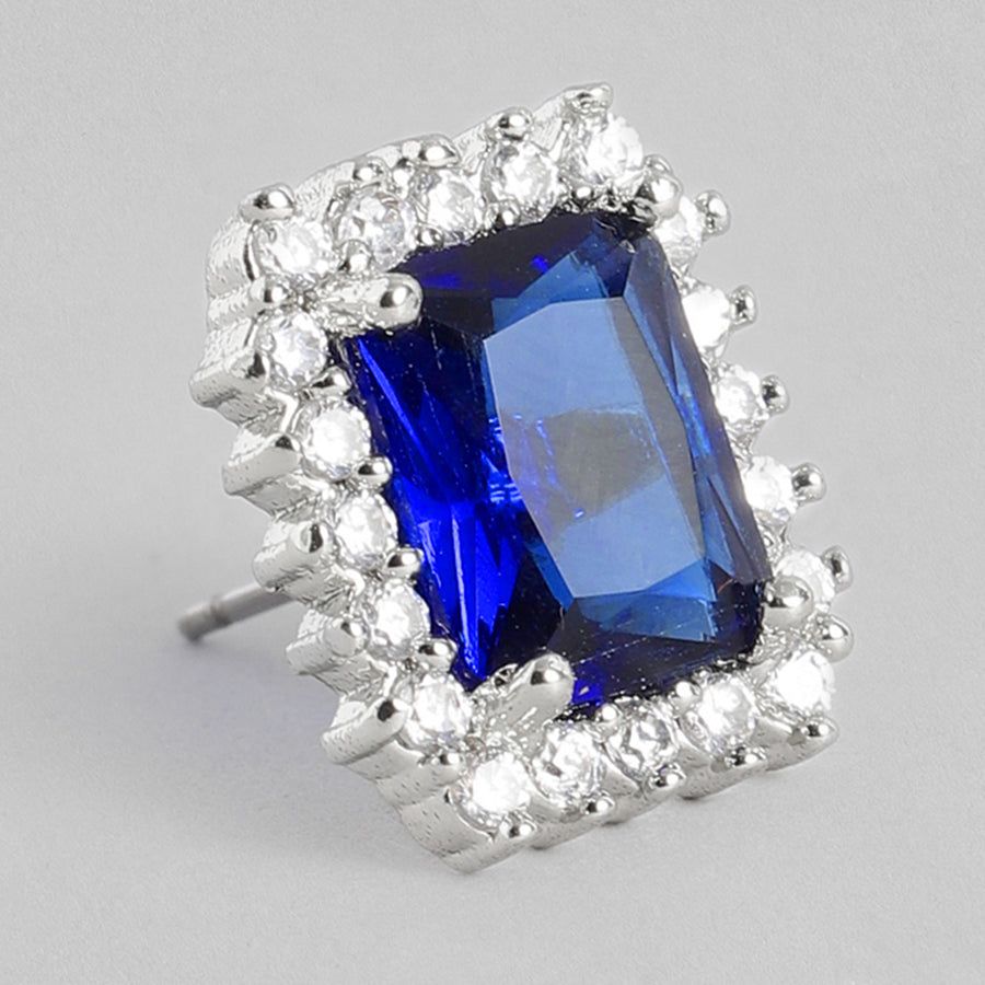 Estele Women's Designer Square Shape Rhodium Plated CZ Blue Stone Stud Earrings