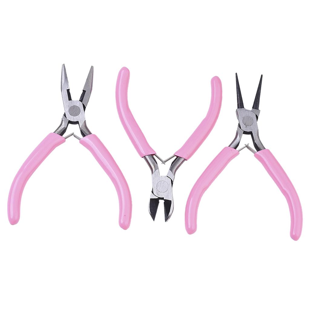 3Pcs Pliers Set Pink Handle Carbon Steel Round Nose Pliers Shear Pliers Side Cutting Pliers DIY