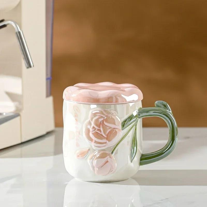 Ceramic Mug Relief Rose Flower Coffee Milk Cup Tea Cup Ins Style Hand-painted Design Couple Girl Romantic Drinkware Mug Gift