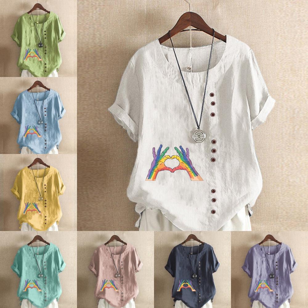 

Women s Fashion Cute Gesture Prined Round Neck Short Sleeve T-shirt Casual Cotton Linen Graphic Shirt Leisure Loose Summer Blouse Tops Plus Size S рожевий