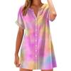 Women Fashion Casual V-neck Short Sleeve Button Gradient Print Dress