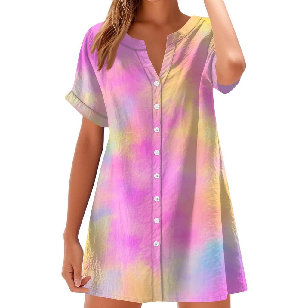 Women Fashion Casual V-neck Short Sleeve Button Gradient Print Dress