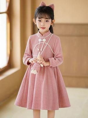 Girls' Pink Cheongsam Princess Dress - Autumn/Winter 2025 Collection
