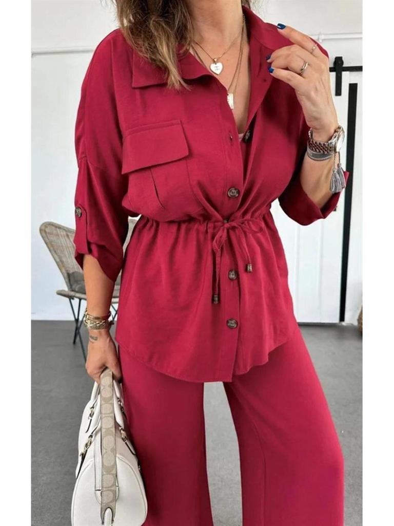 2025 Women's Autumn Casual Set: Solid Color Drawstring Top & Wide-Leg Pants