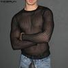 INCERUN Men Long Sleeve Striped Mesh See Through Skinny Party Club T-shirts Tops